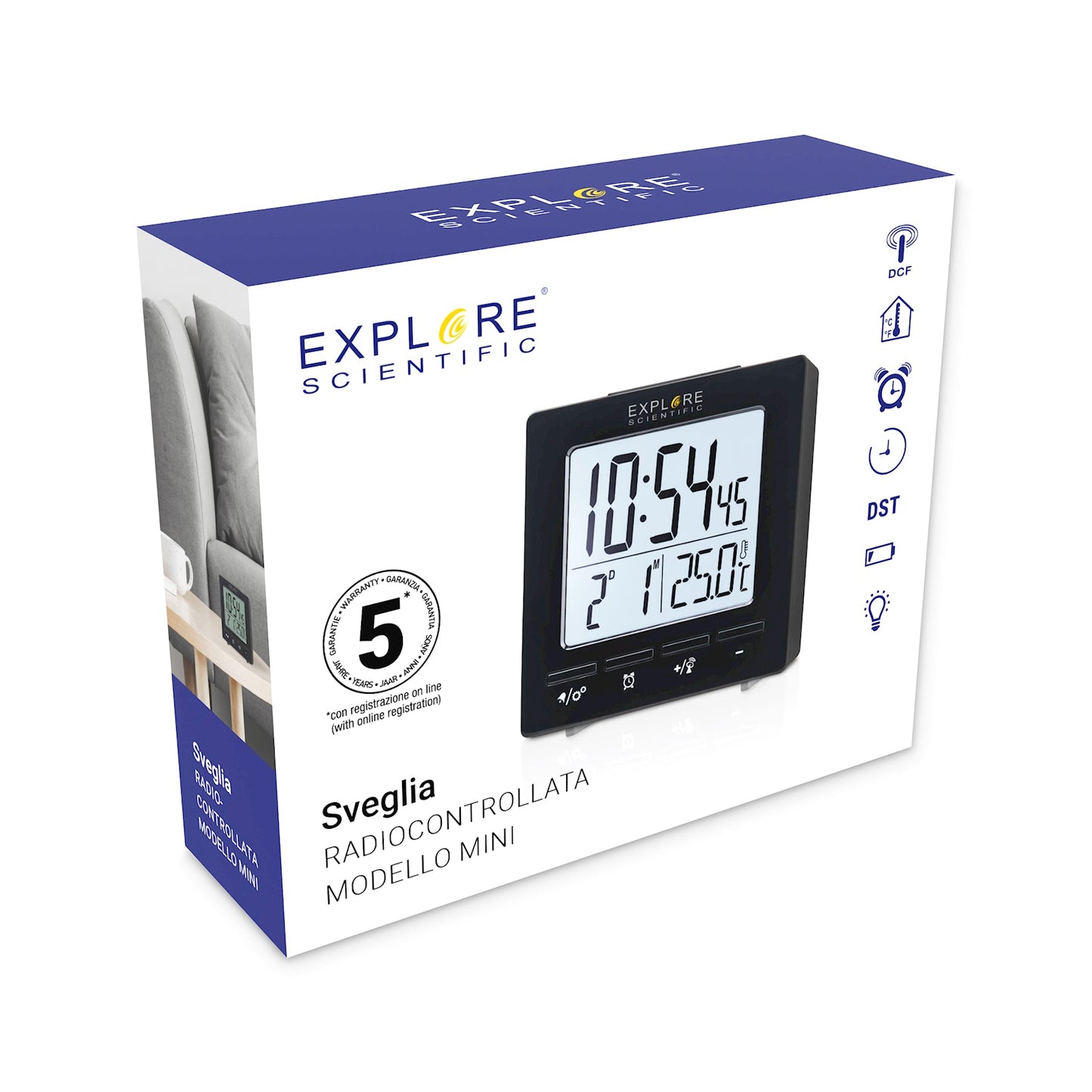 Explore Scientific RDC1008 Travel Alarm – Radio-Controlled Clock with Indoor Temperature
