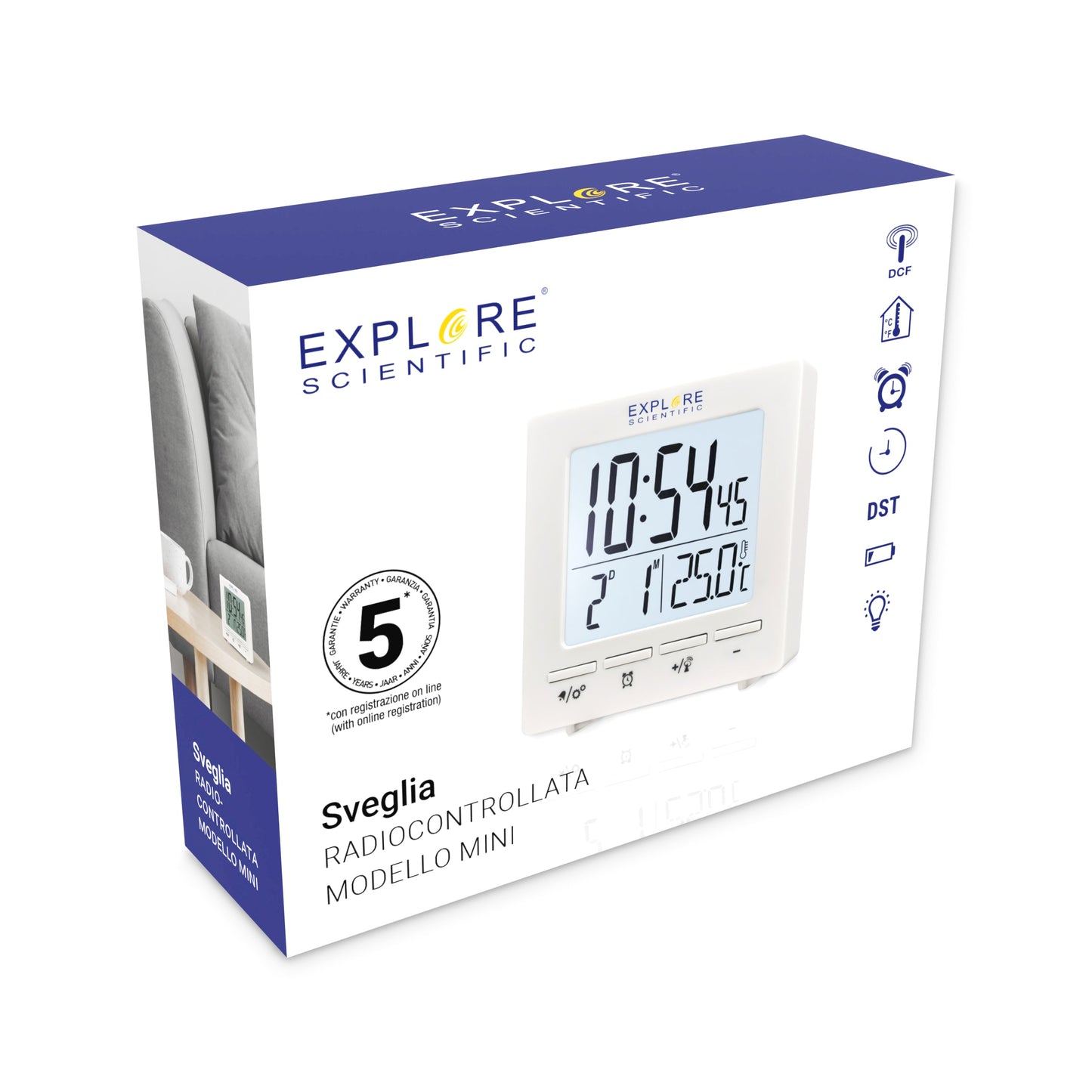 Explore Scientific RDC1008 Travel Alarm – Radio-Controlled Clock with Indoor Temperature