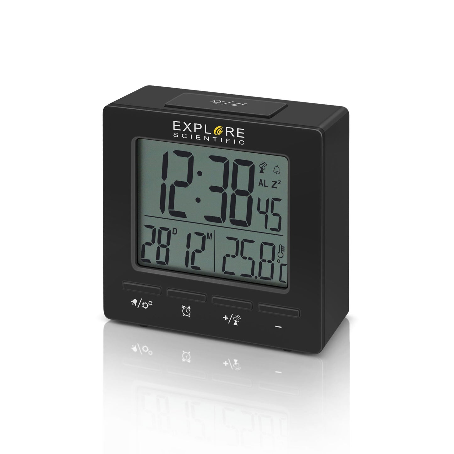 Explore Scientific RDC1008 Travel Alarm – Radio-Controlled Clock with Indoor Temperature