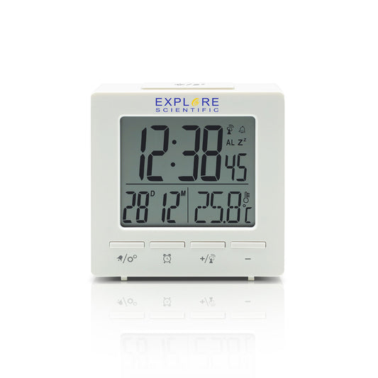 Explore Scientific RDC1008 Travel Alarm – Radio-Controlled Clock with Indoor Temperature