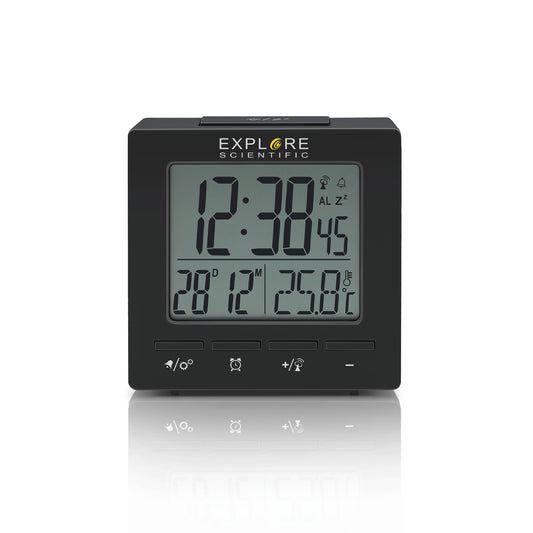 Explore Scientific RDC1008 Travel Alarm – Radio-Controlled Clock with Indoor Temperature