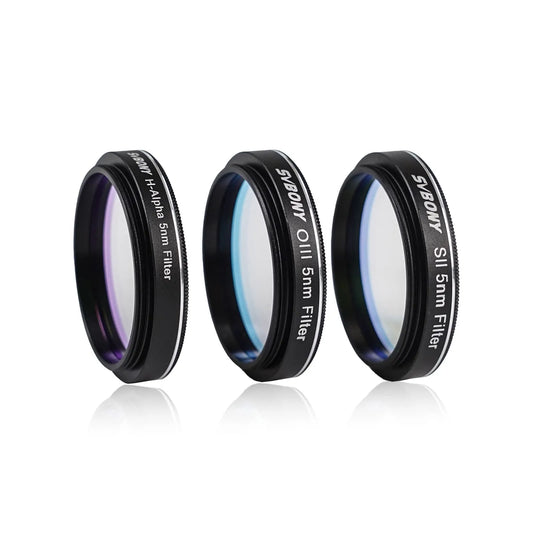 SVBONY SV227 SHO narrowband filter set 5nm 1.25 inch W9187A complete H-Alpha OIII and SII filter set ideal for beginner astrophotography capturing stunning Hubble palette narrowband images of emission nebulae planetary nebulae and deep sky objects from light polluted urban and suburban skies — Telescope Wolves