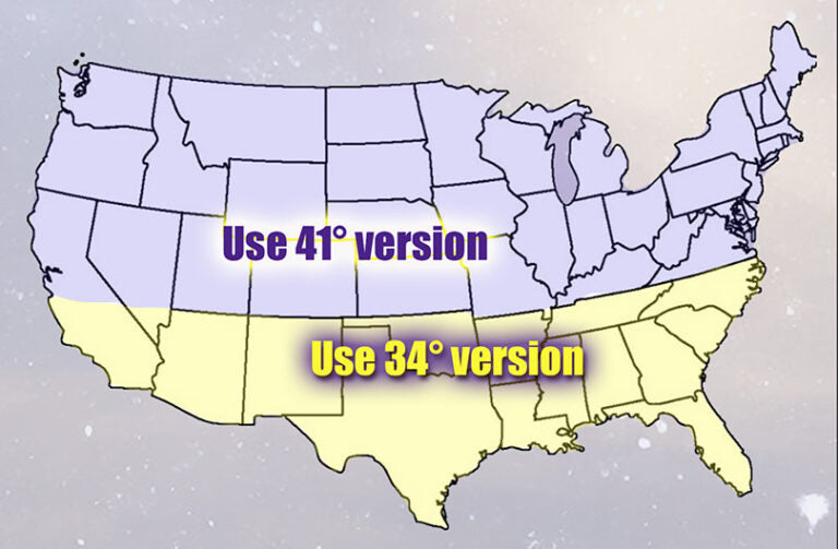 Map of the United States showing which DayStar 2025 Planisphere edition to use by region – Northern Hemisphere edition PS202534 for most of the US – beginner stargazers guide to choosing the right night sky star finder