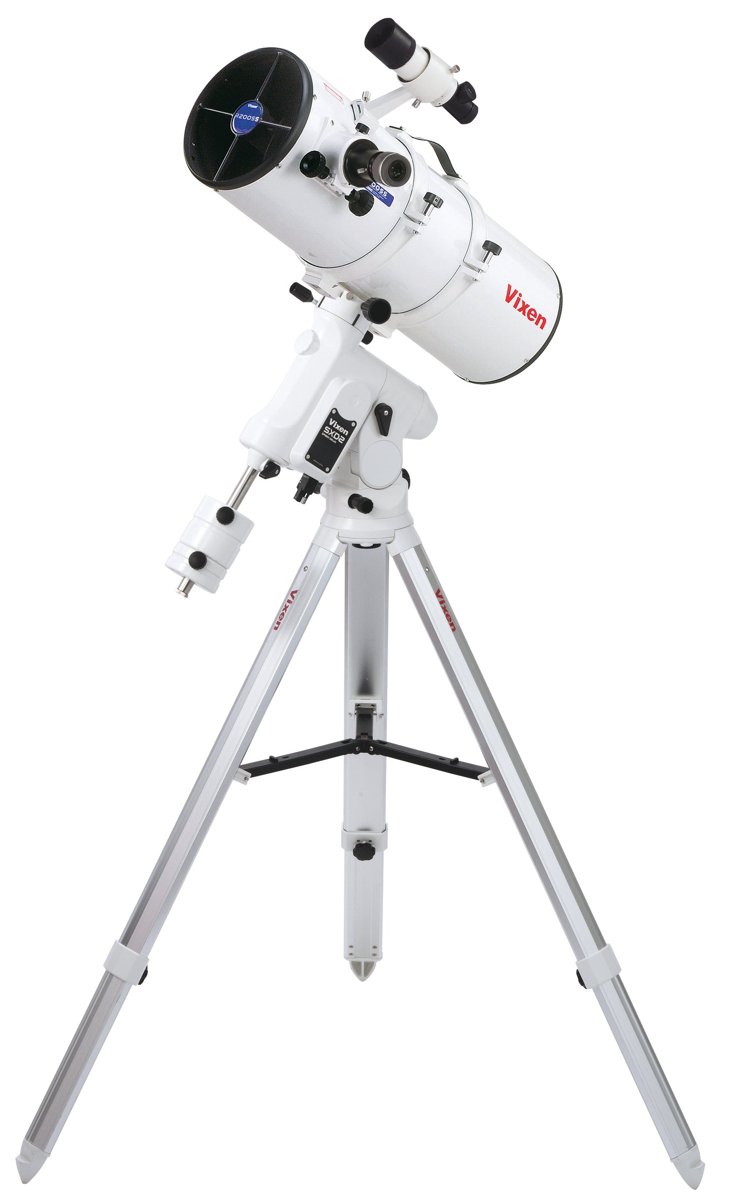 Vixen 200mm Newtonian reflector telescope with SXD2 WiFi GoTo equatorial mount ES25045 complete astrophotography and deep sky stargazing set ideal for serious beginner astrophotographers providing large aperture optics precise WiFi enabled computerized object location accurate SXD2 goto tracking and smooth automatic star following for stunning detailed planetary lunar and deep sky imaging and visual observing of nebulae galaxies and star clusters — Telescope Wolves