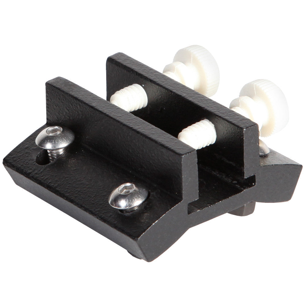 Rear view of Explore Scientific finder scope base with screws FNDRBASEBLK revealing mounting screw hole placement rear attachment surface and solid build quality for beginner astronomers looking for a secure and precisely aligned finder scope mounting solution for their telescope — Telescope Wolves