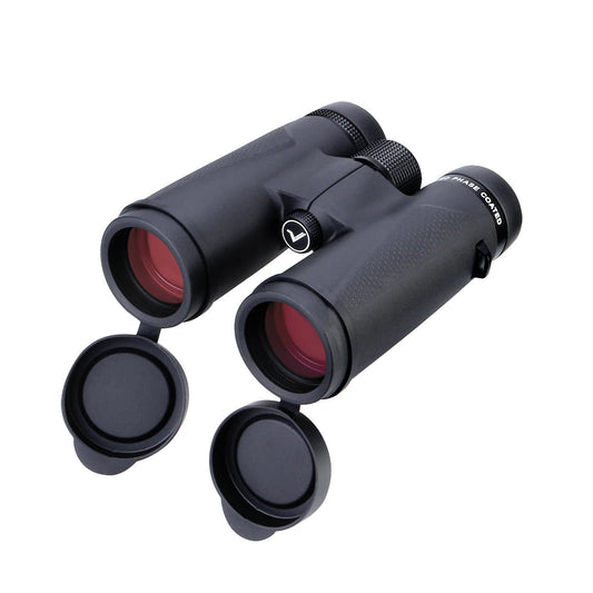 SVBONY SV202 8x32 extra low dispersion ED binoculars F9351A shown with objective lens caps removed revealing fully multi coated extra low dispersion ED glass optical elements for sharp color corrected aberration free views for beginner astronomers birders and nature observers — Telescope Wolves
