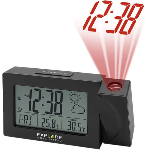 Explore Scientific Projection Radio Clock with Weather Sensor – Black (RPW3008CM3000)