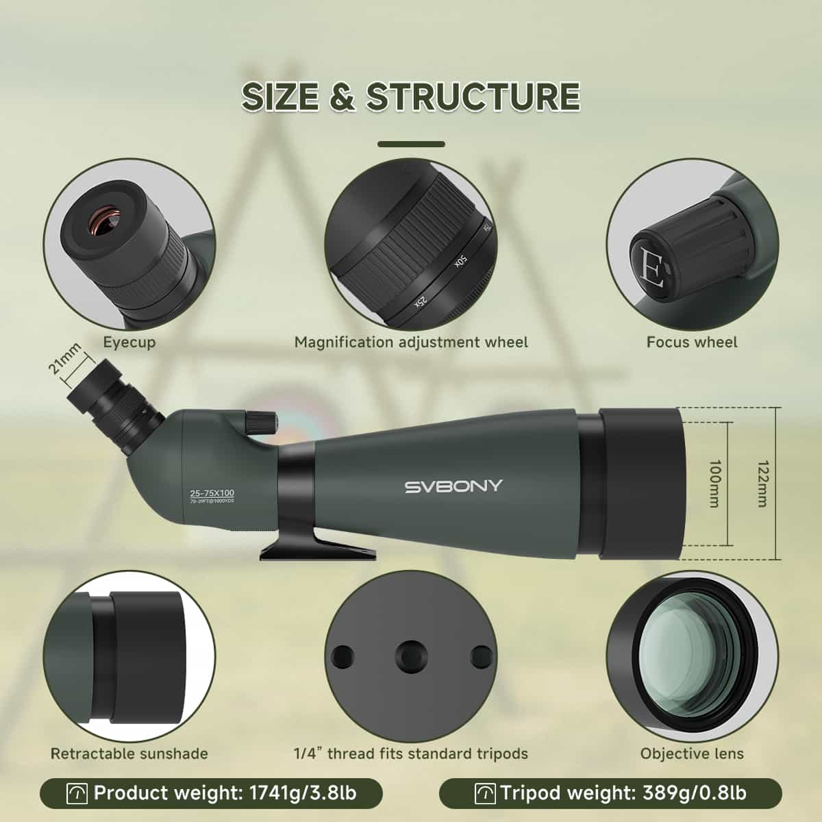SV28A 25-75X100 Spotting Scope For Archery Shooting, Target Observing and Birding Scenarios
