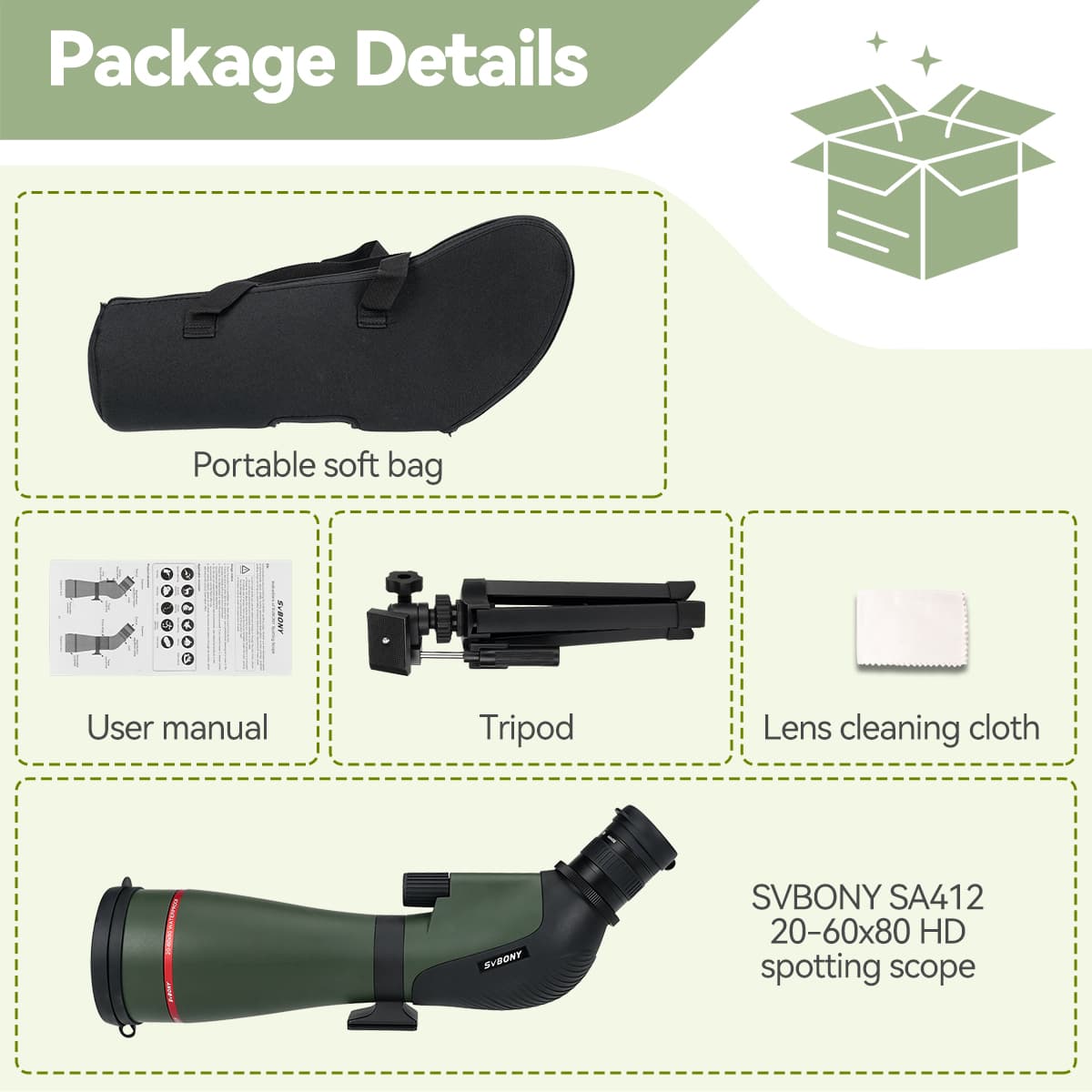 SA412 20-60X80mm Spotting Scope For Phone Birding Photography