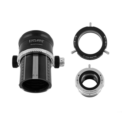 Explore Scientific 3 inch self centering focuser with back cell adapter ES-FOC3-BC100127 complete parts layout showing focuser body back cell adapter hardware and all included components for beginner astrophotographers planning a large aperture refractor telescope focuser upgrade — Telescope Wolves