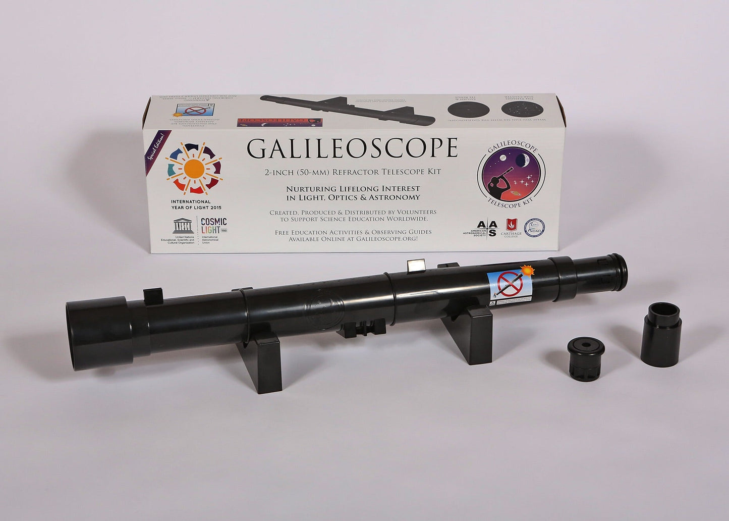Explore Scientific Galileoscope educational telescope kit GSCOPE shown fully assembled 50mm refractor telescope with retail box demonstrating the complete build your own journey from unboxing to finished working telescope for kids students and beginner astronomers — Telescope Wolves