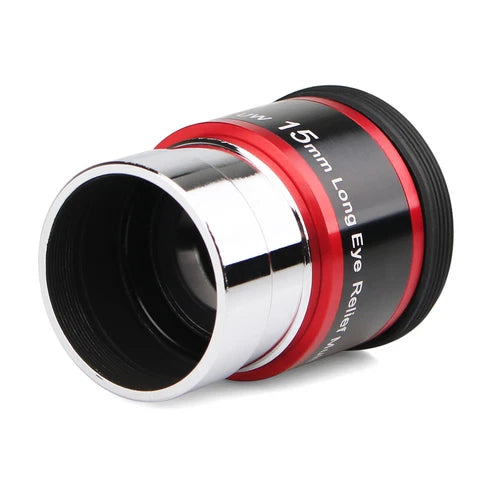 Back barrel view of SVBONY 68 degree wide angle 15mm eyepiece 1.25 inch F9152C revealing smooth 1.25 inch attachment barrel with safety groove and undercut for secure and compatible insertion into any standard beginner telescope focuser — Telescope Wolves