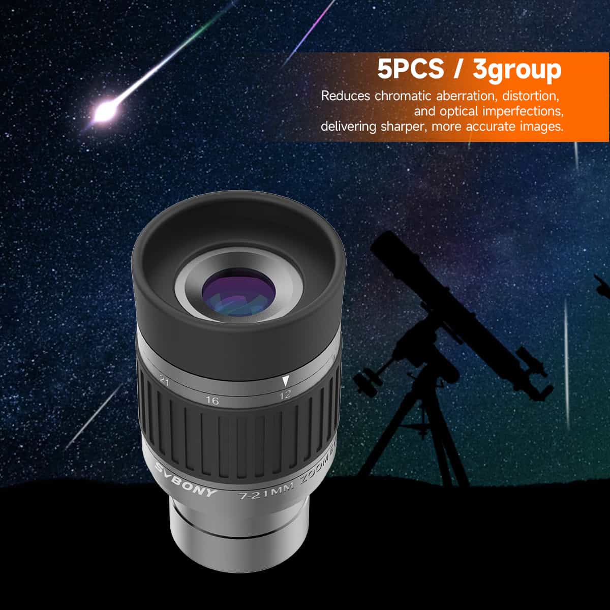 SV135 Zoom Eyepiece 1.25inch 7-21mm 52°-36° Field of View Fully Multi-Coated 5-Element 3-Group Optical Design