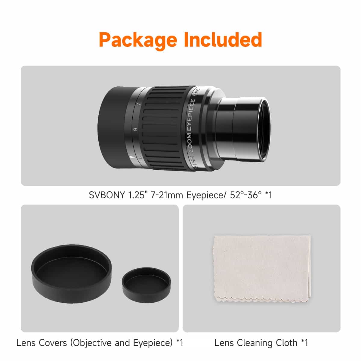 SV135 Zoom Eyepiece 1.25inch 7-21mm 52°-36° Field of View Fully Multi-Coated 5-Element 3-Group Optical Design