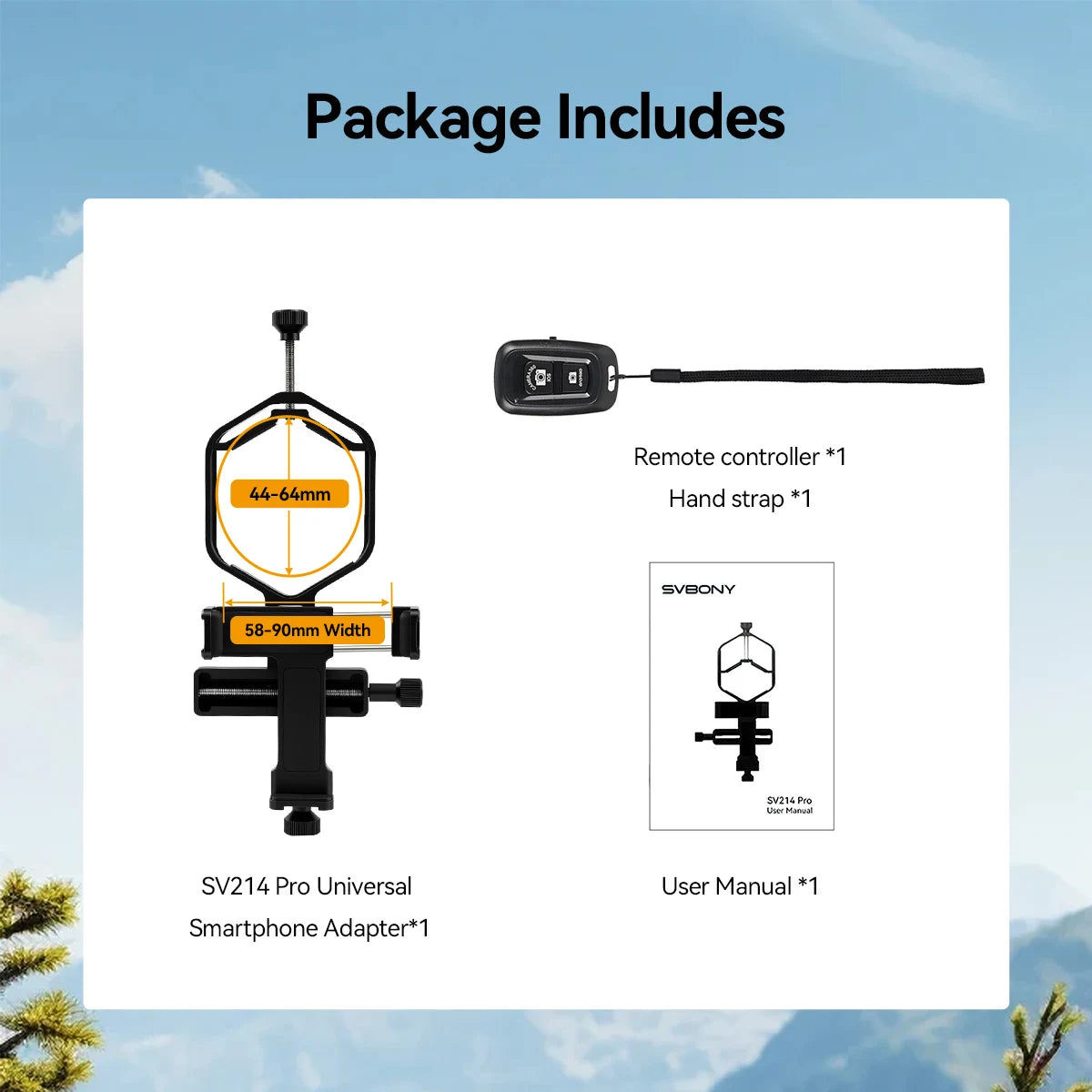 SV214 Pro Phone Adapter 3-Axis Universal Clamp With Shutter 28mm-64mm for Capture Images and Video Through Telescope or Digiscoping