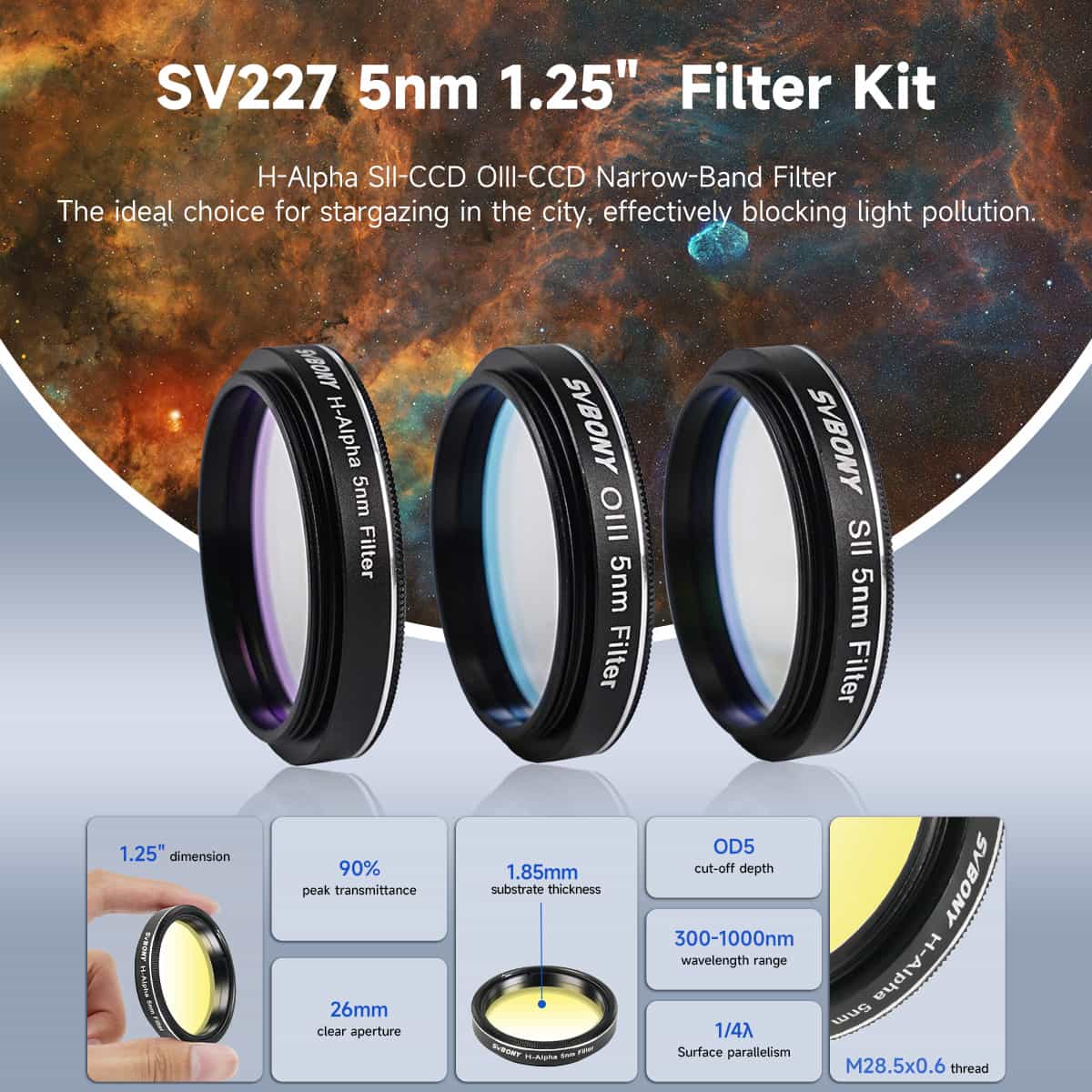SV227 SHO Filter H-Alpha OIII SII 5nm 1.25inch Astrophotography Bundle Set for Deep Space Objects