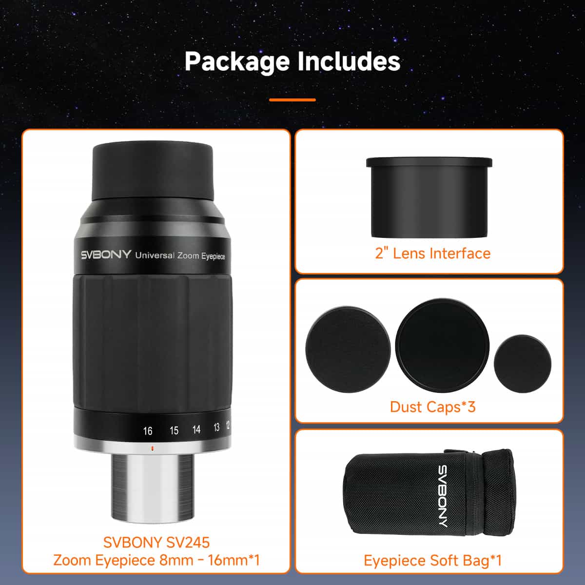 SV245 Zoom Eyepiece 8-16mm FOV 63° Parfocal & ClickStop Design for Visual Planetary Observation,Binoviewing