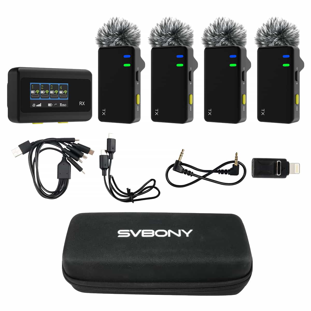 SVMic D4 Wireless lavalier microphone with four transmitters, ideal for interviews, meetings and live streaming