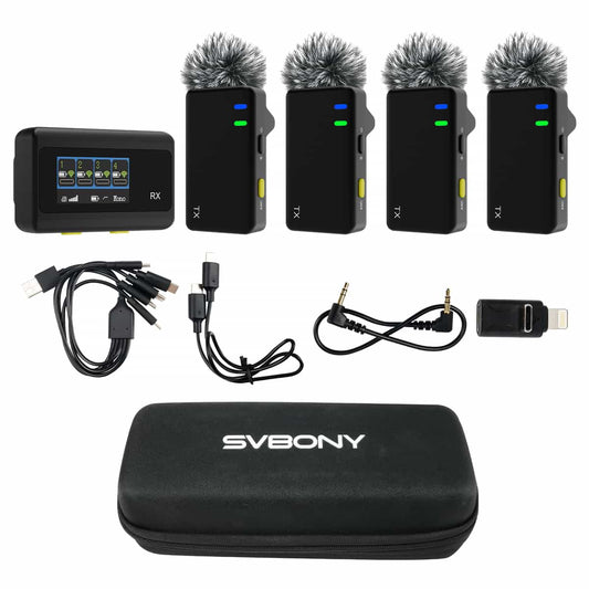 SVMic D4 Wireless lavalier microphone with four transmitters, ideal for interviews, meetings and live streaming