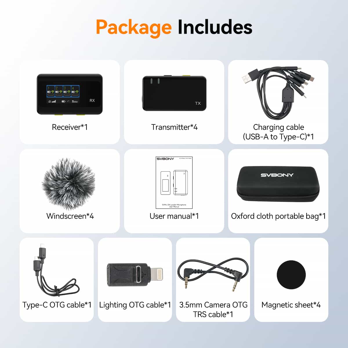 SVMic D4 Wireless lavalier microphone with four transmitters, ideal for interviews, meetings and live streaming